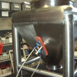 Pneumatic Vibrator with Rectangular Suction Cup mounted on Pharma Bin (IBC container)