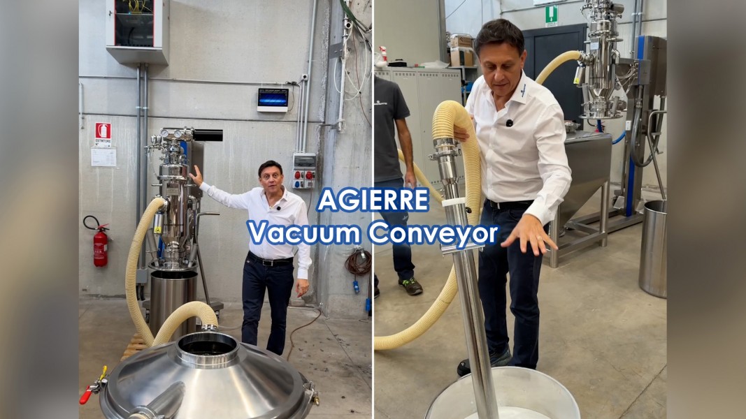 Un sistema compatto per trasferire le polveri da fusto a BIN in modo sicuro e flessibile, con trasporto in vacuum, vagliatura integrata e movimentazione ergonomica. title=